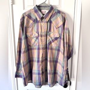 Vintage Saddle King Western Shirt Long Sleeve Pearl Snap Plaid Green Tan Mens XL